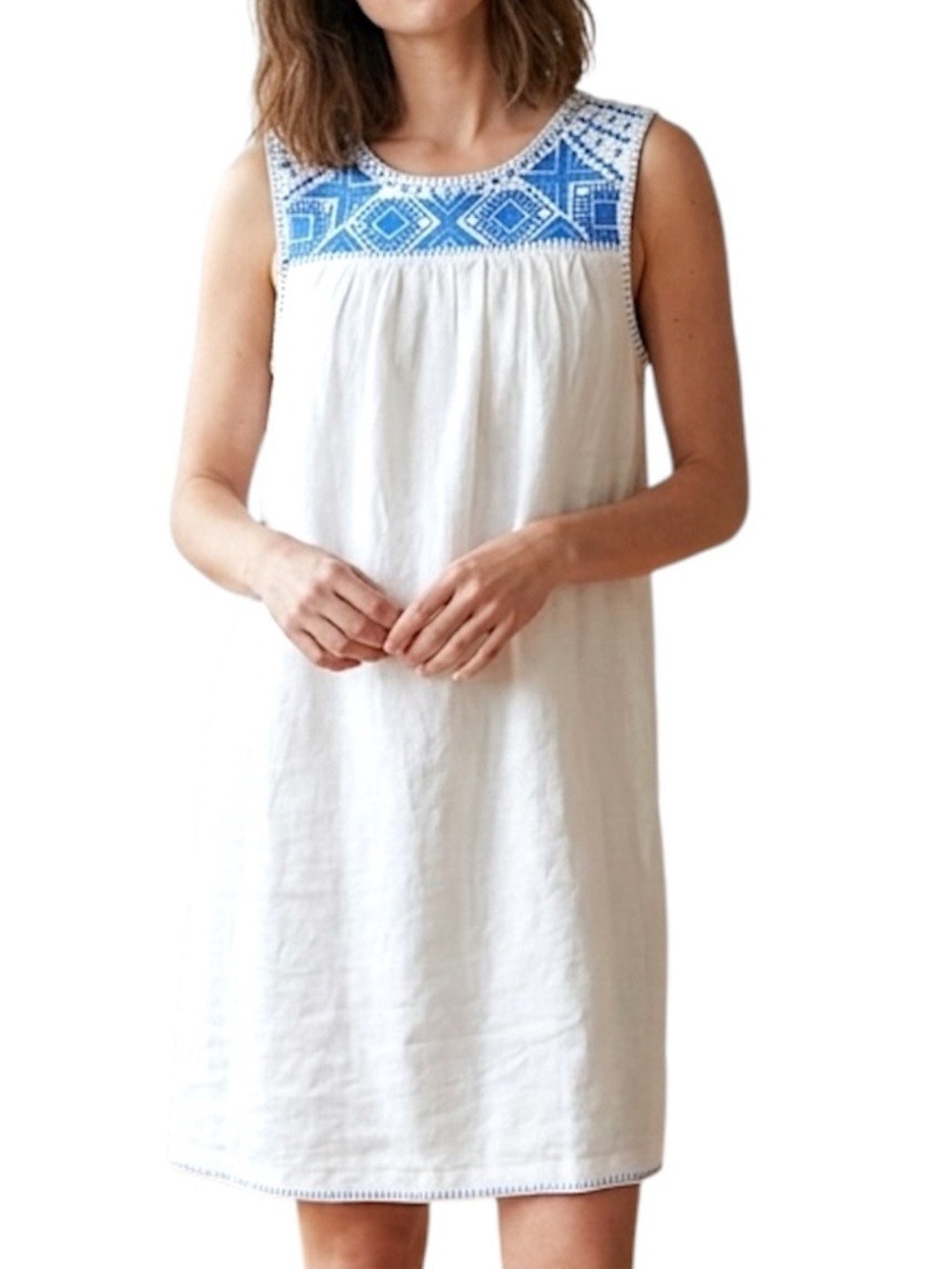 Boho festival white blue embroidered pure linen sleeveless beach shift dress L